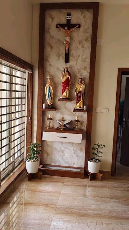 Home altar with marble top and timber framing in a Coimbatore house